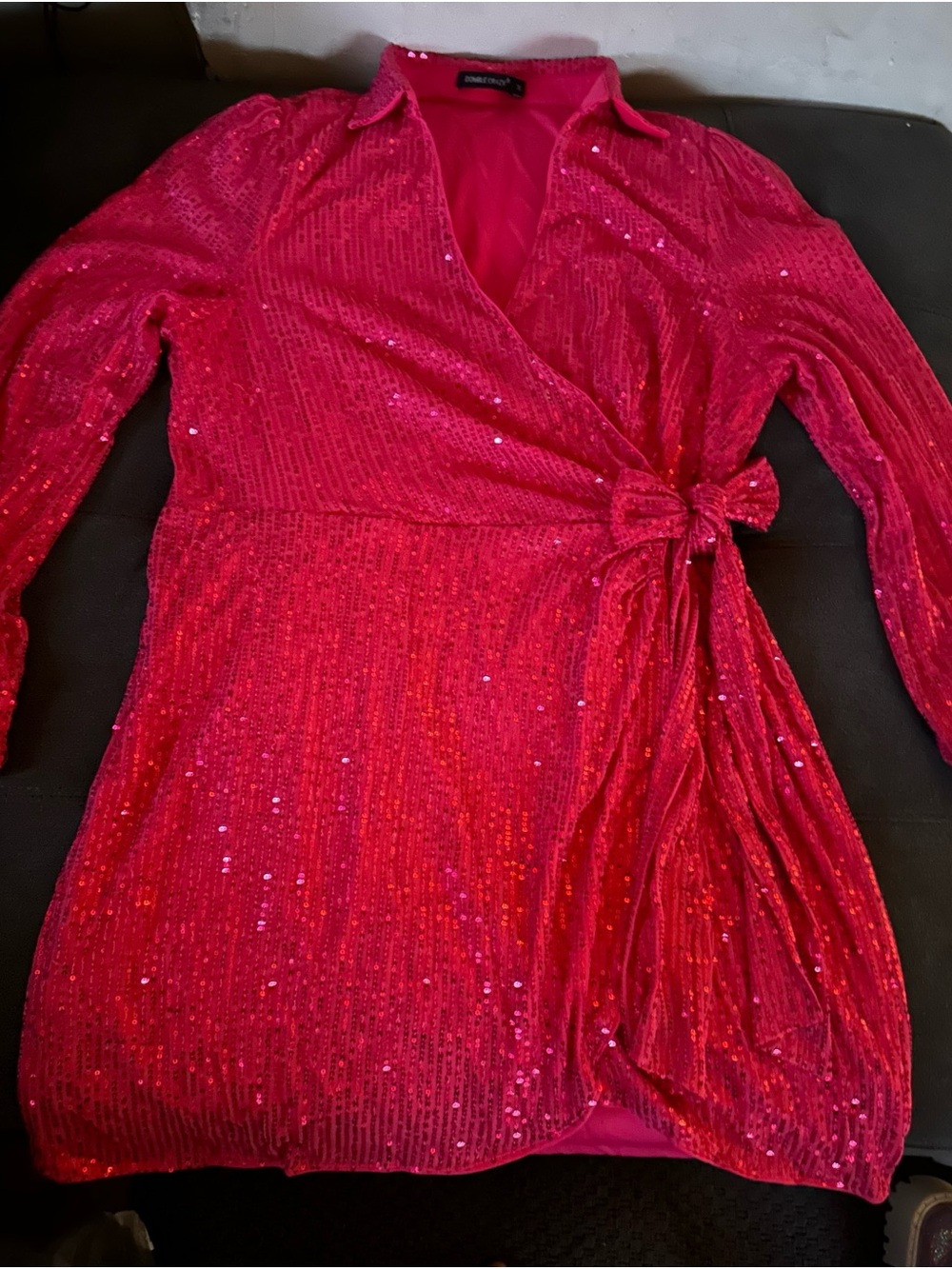 SHEIN Hot Pink Sequin Wrap Dress with Side Tie
